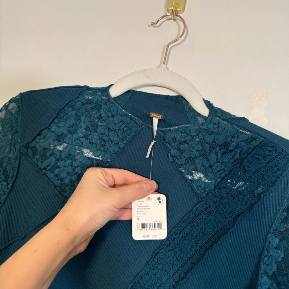 Free People first frost lace layering long sleeve thermal in teal‎ Sz S NWT